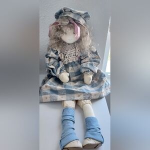 Folk Art Rag Doll Karen Handmade Curly Blonde Blue Muslin Dress Beret 21" READ